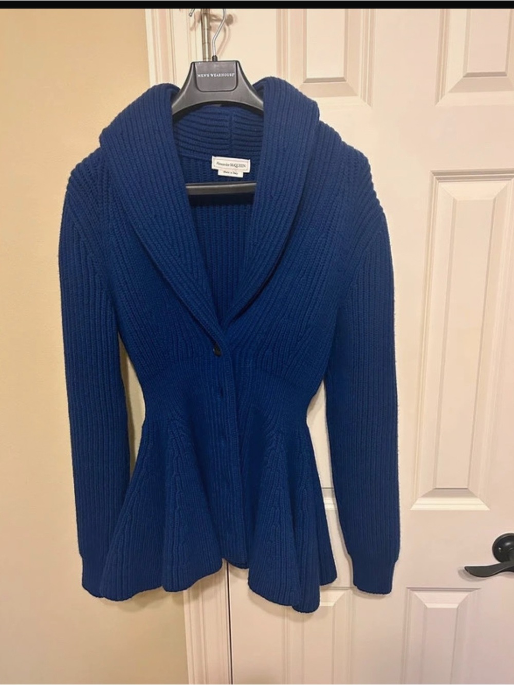 Alexander McQueen Navy Shawl Collar Ribbed Peplum Cardigan